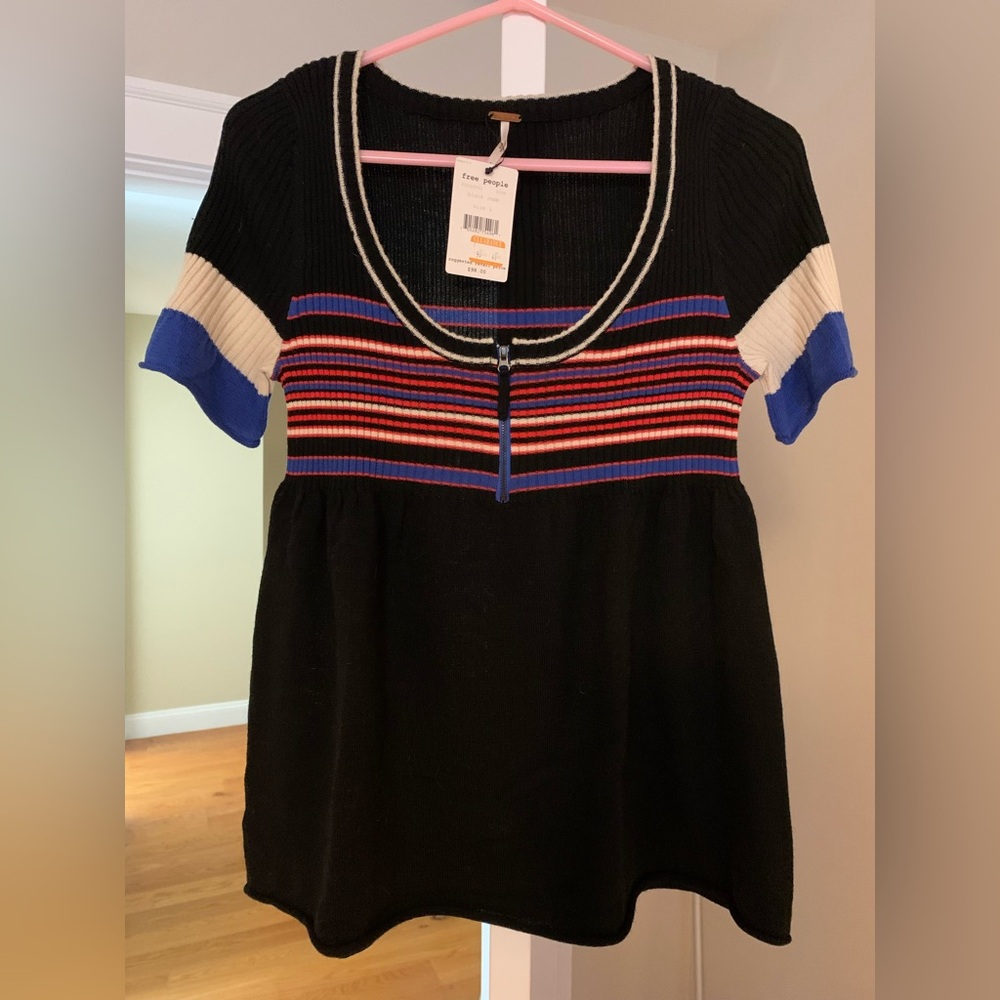 Free People Black sweater with Blue and White Stripes